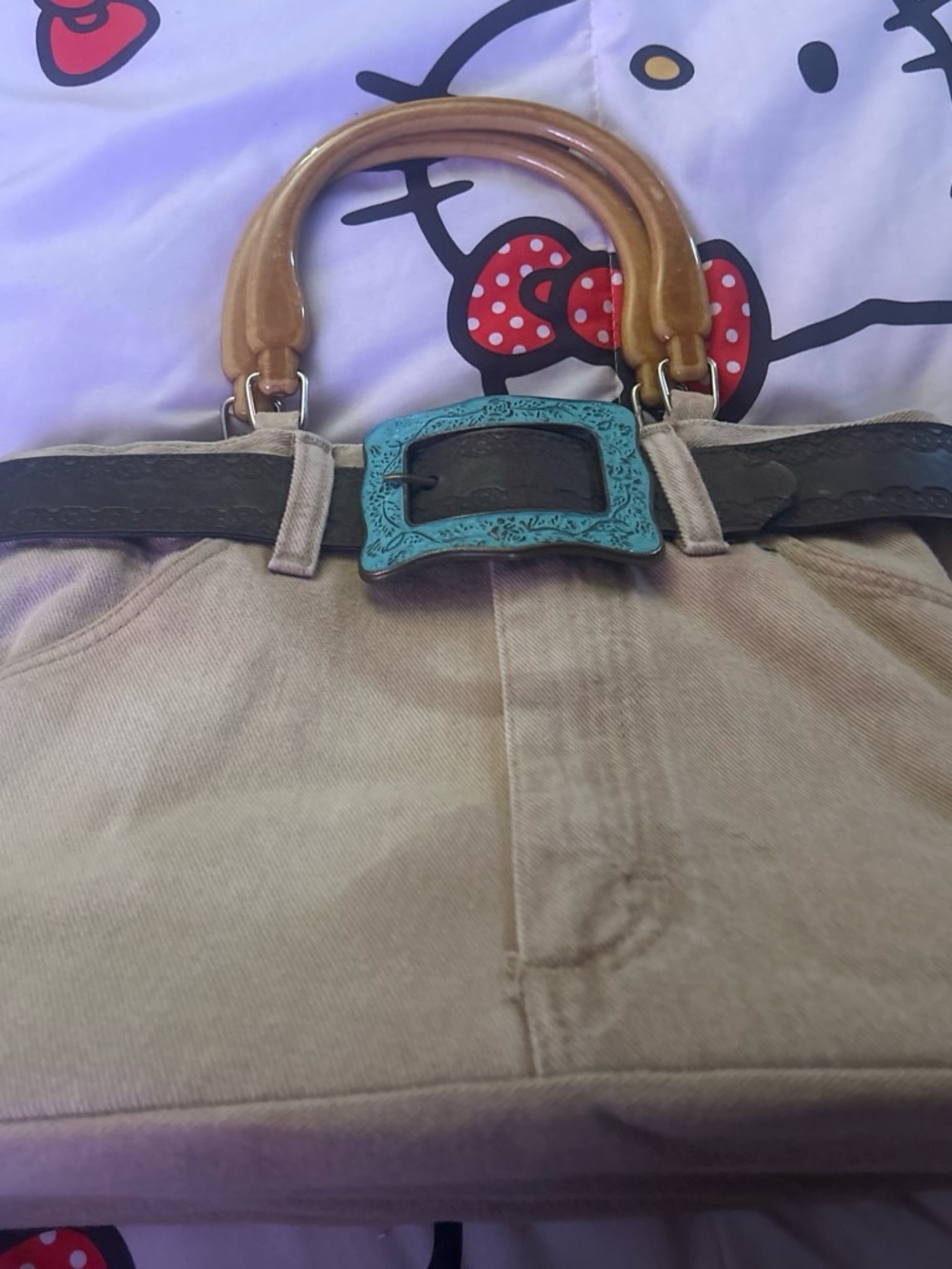 Women’s Beige Canvas Tote Bag with Turquoise Buckle